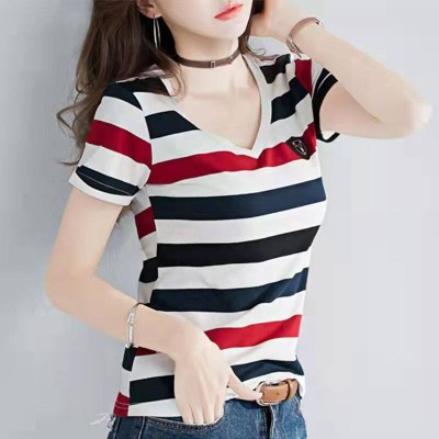 100%全棉韩国新款时尚女士全棉短袖条纹T恤女士修身大码V领半袖T恤夏季上衣